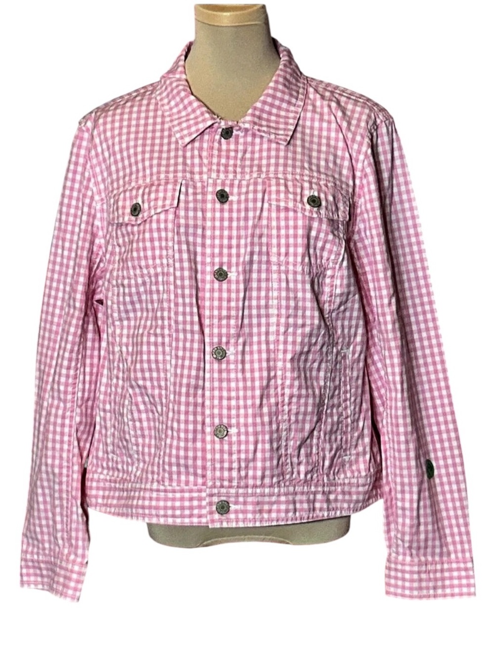 Talbots Pink Gingham Denim Jacket Pink & White XL